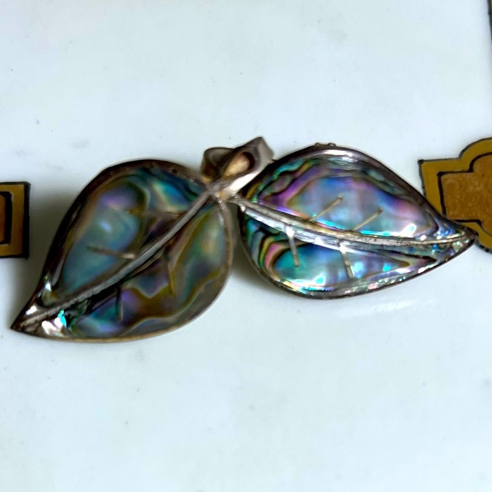 Sterling Abalone Vintage Leaf Earrings .925 Silver Stamped by Artist